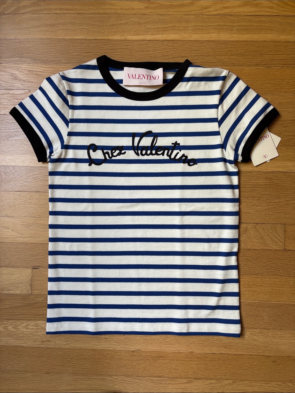 Valentino White and Blue Striped Tee with Black Trim